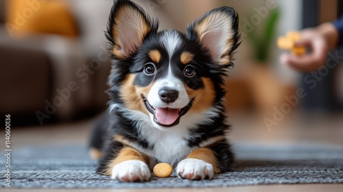 Cute puppy sitting on a woven rug in a cozy indoor setting with plants around