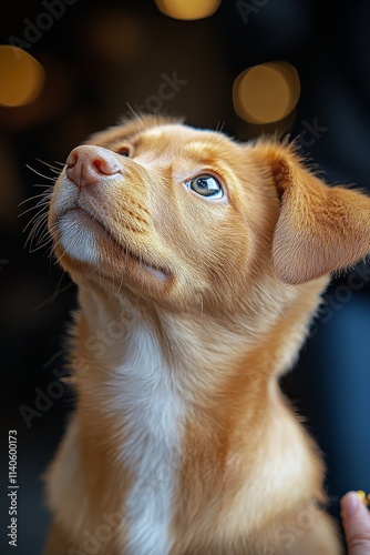 Puppy looks up curiously with bright eyes in cozy indoor setting during late ...