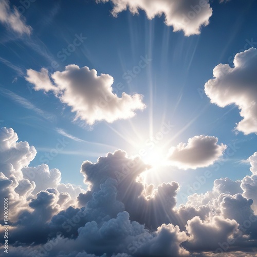 Serene blue sky with fluffy white clouds and sunbeams radiating from it, atmosphere, clouds, sunny day
