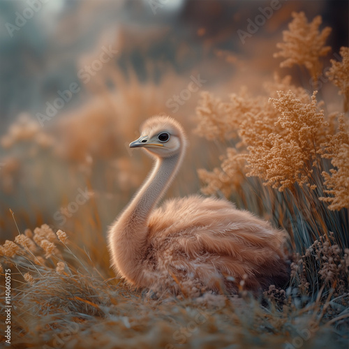 A close-up of an ostrich sitting on sandy ground, its large body resting with folded legs and feathers detailed in soft light, blurred savanna landscape in the background for a serene mood photo