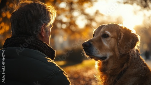 Connection between a person and a dog in a sunset park setting during autumn