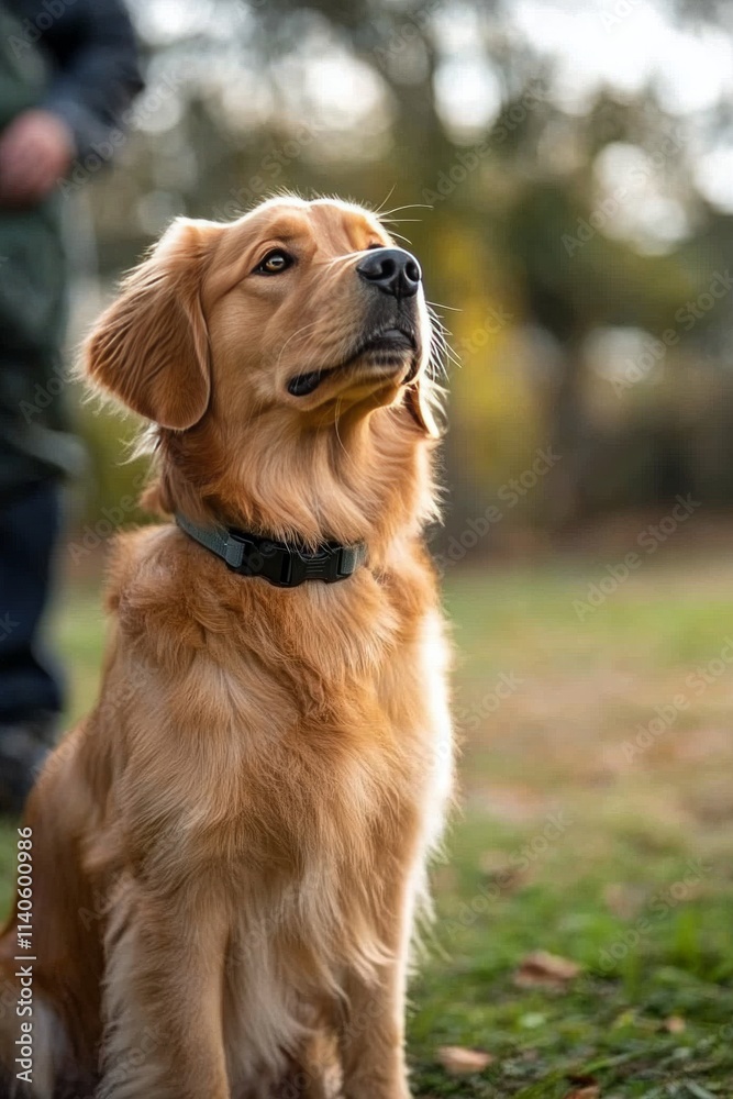 Golden retriever attentively watching owner while outdoors in a park during late afternoon Golden retriever attentively watching owner while outdoors in a park during late afternoon
