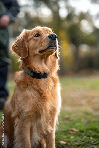 Golden retriever attentively watching owner while outdoors in a park during l...