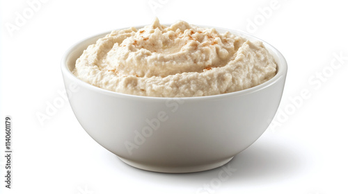 Creamy hummus in white bowl isolated, traditional middle eastern dip food made from chickpeas, tasty vegan appetizer showcasing healthy mediterranean cuisine and culinary versatility recipe.