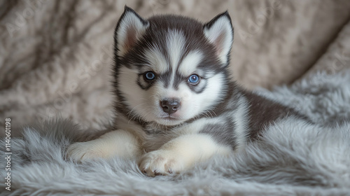 Cute adorable baby husky puppy, isolated in a studio setting, featuring a happy and young siberian canine, beautiful fur and blue eyes of a purebred domestic dog pet.