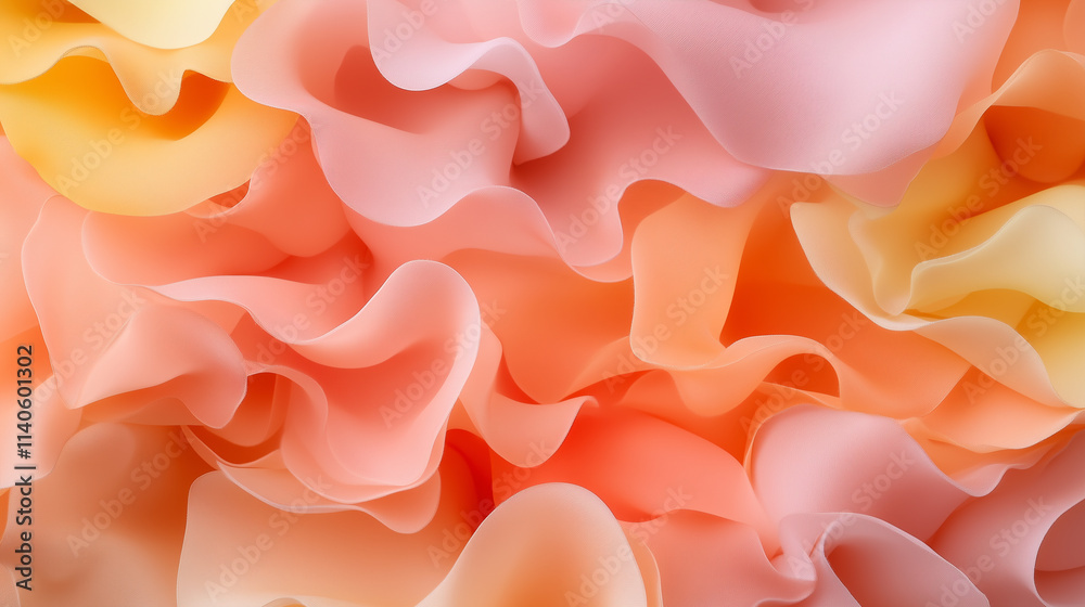 A close-up view of soft, flowing fabric in pastel colors, featuring ruffled layers of peach, pink, and yellow hues. The texture appears delicate and airy, creating a sense of movement and elegance.