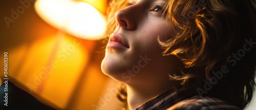 close up of person with layered hair looking up in warm lighting