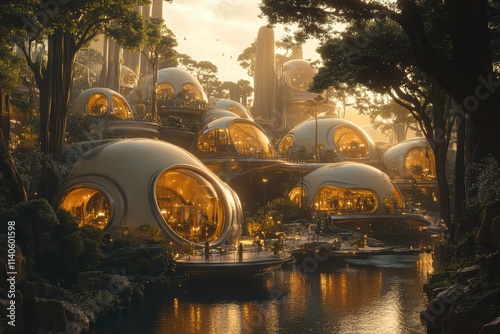 Living Biodome City with Breathing Walls Futuristic Environment Urban Nature Stunning Landscape Views #1140601598