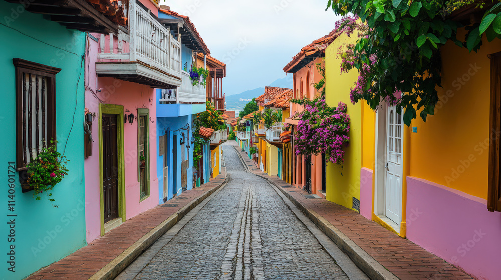 Fototapeta premium Charming colorful streetcobblestone streethistoric architecturevibrant housestropical citysouth americacolonial architecturenarrow streetcityscapestreet