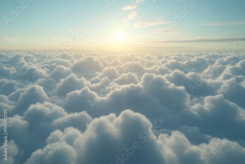 Soft fluffy clouds illuminated by the morning sun high above the horizon