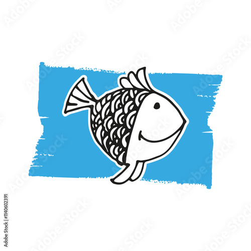 Drawing doodle cute fish on blue background. Vector illustration. Cute fish cartoon. Good for postcard, cover, t-shirt, poster.