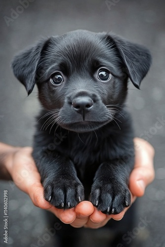 Cute black puppy being held gently in a hand against a blurred background