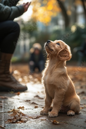Cute black puppy being held gently in a hand against a blurred background
