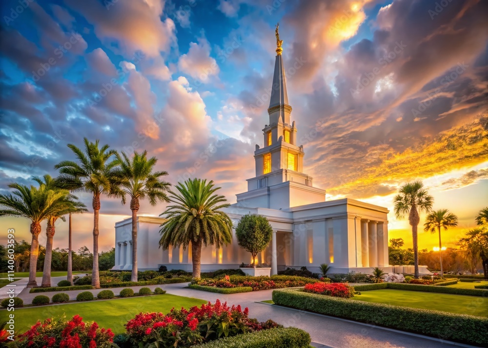 Fototapeta premium Orlando Florida Temple Photography, High-Resolution LDS Temple Image, Sharp Focus Temple Picture, Stunning Depth of Field, Spiritual Architecture, Religious Building, Florida Temple