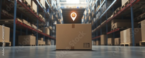 Wallpaper Mural Cardboard box with location pin in warehouse: tracking and logistics Torontodigital.ca