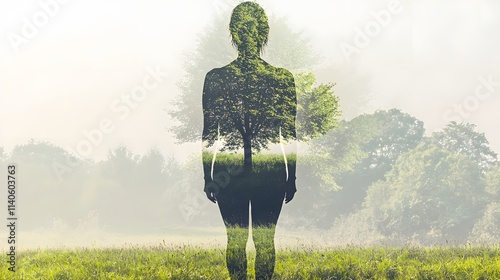 woman standing alone in a field, with a double exposure of a forest or wilderness filling her silhouette. This image conveys the emotional solitude of mental health, with an undercurrent of  photo