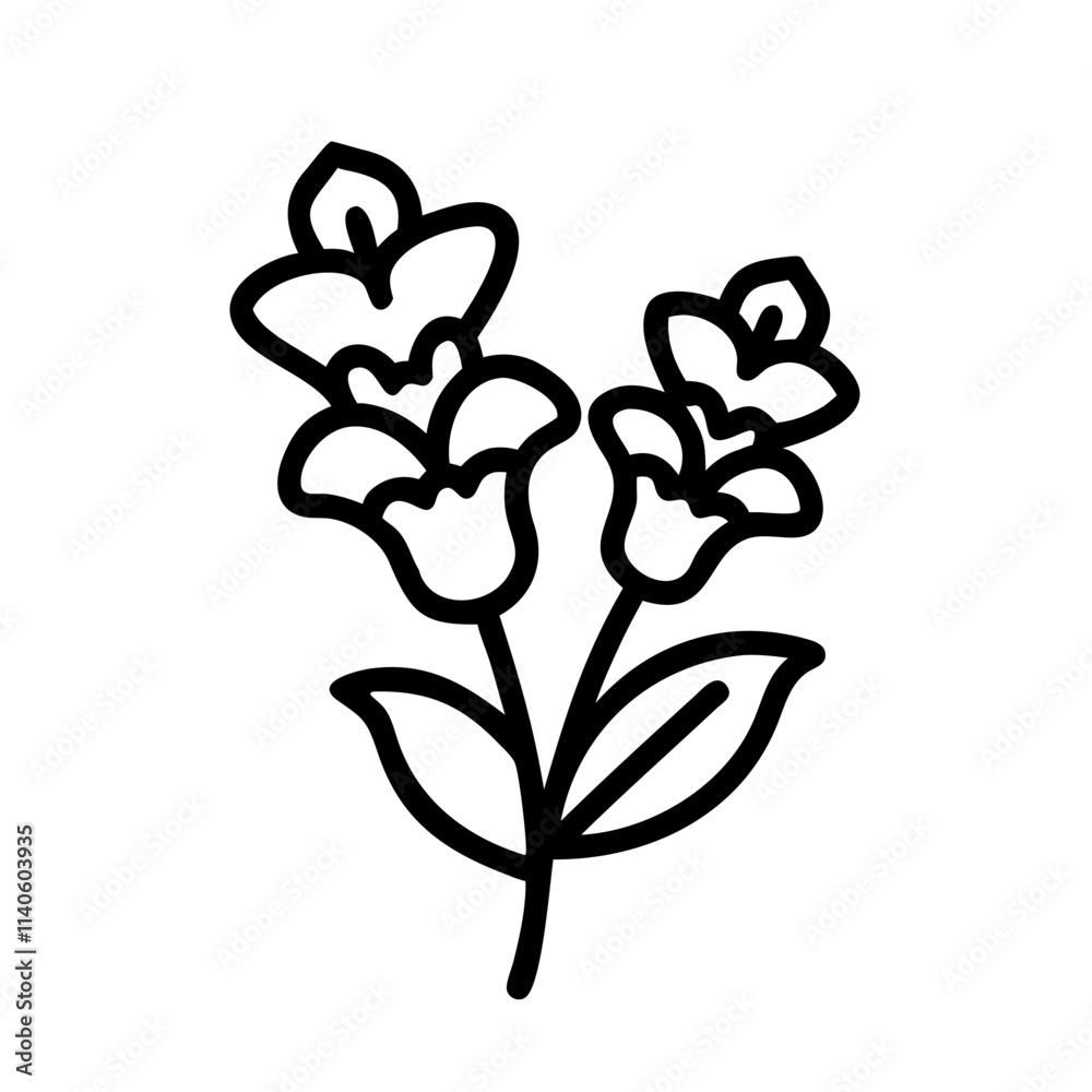 Obraz premium snapdragon icon, flower line art, flower icon - Minimalistic black outline illustration of snapdragon flower, perfect for icons, logos, and floral-themed designs.