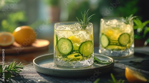 Refreshing cucumber drinks served with citrus and herbs in a bright setting