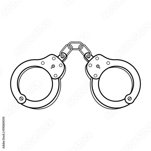 Handcuffs Outline Vector Illustration. The handcuffs consist of two circular locking mechanisms connected by a short chain.