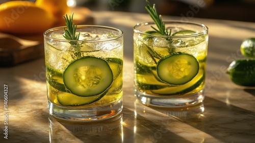 Refreshing cucumber drinks served with citrus and herbs in a bright setting