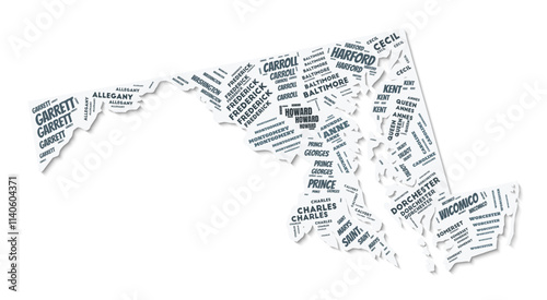 Maryland shape text cloud. State border with shadow on white background. Maryland with counties division in vintage gazette style. Beautiful vector illustration.
