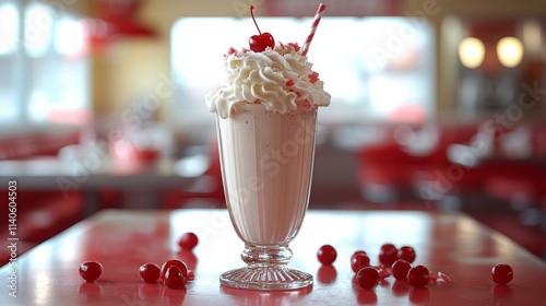Delicious thick milkshake topped with whipped cream and cherries in a retro d...