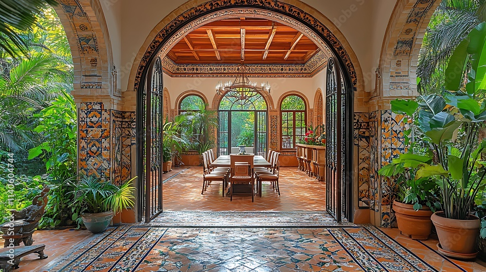 Obraz premium An open Moorish-style archway covered in hand-painted Mediterranean tiles, leading into a dining room with terra-cotta floors, a wrought iron chandelier, and vibrant greenery. Warm, exotic,
