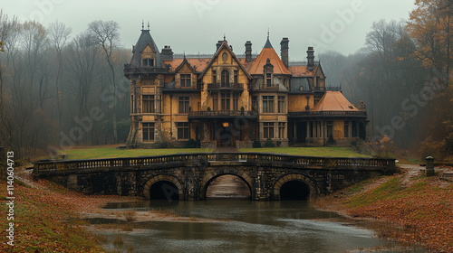 A grand yellow mansion stands across a stone bridge over a creek