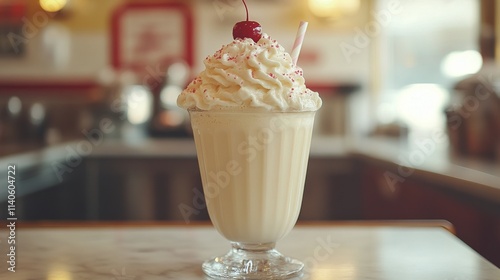 Delicious thick milkshake topped with whipped cream and cherries in a retro d...