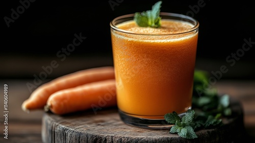 Fresh carrot juice with mint and whole carrots on wooden board in natural light