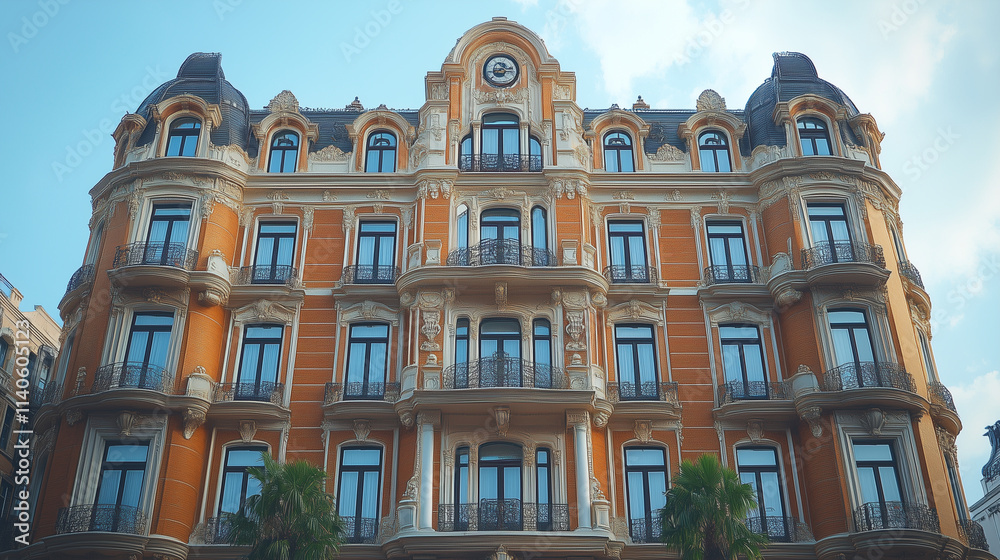 A multi-story building is displayed with orange facade and dark windows A multi-story building is displayed with orange facade and dark windows