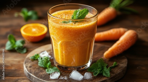 Fresh carrot juice with mint and whole carrots on wooden board in natural light