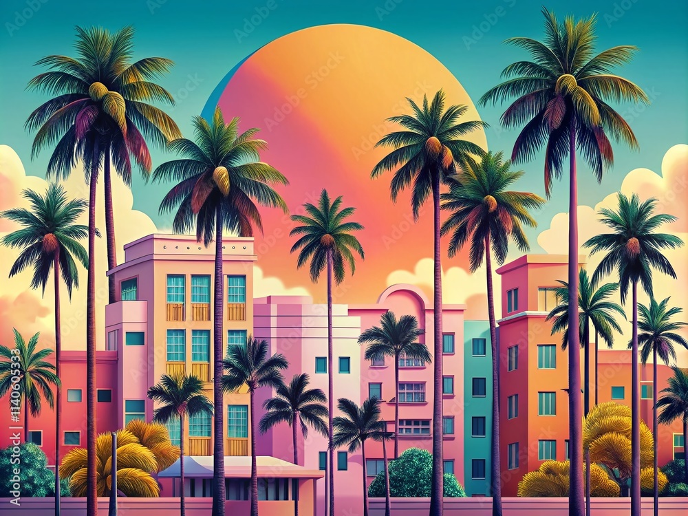 Fototapeta premium Palm Beach Retro Vibes: 70s Style Graphic Print Design for Apparel & Posters
