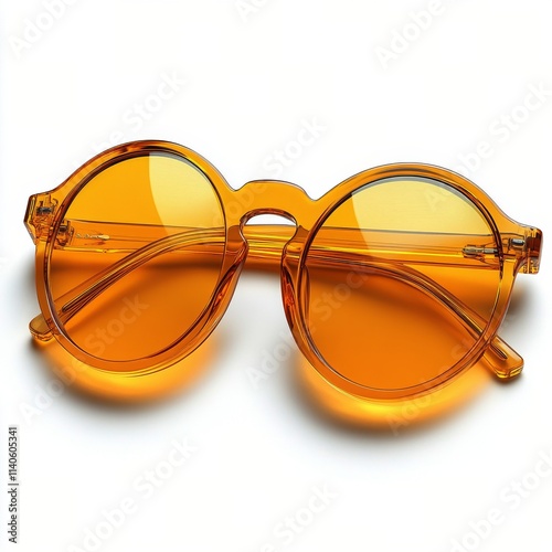Stylish round sunglasses with amber lenses resting on a white surface in brig...