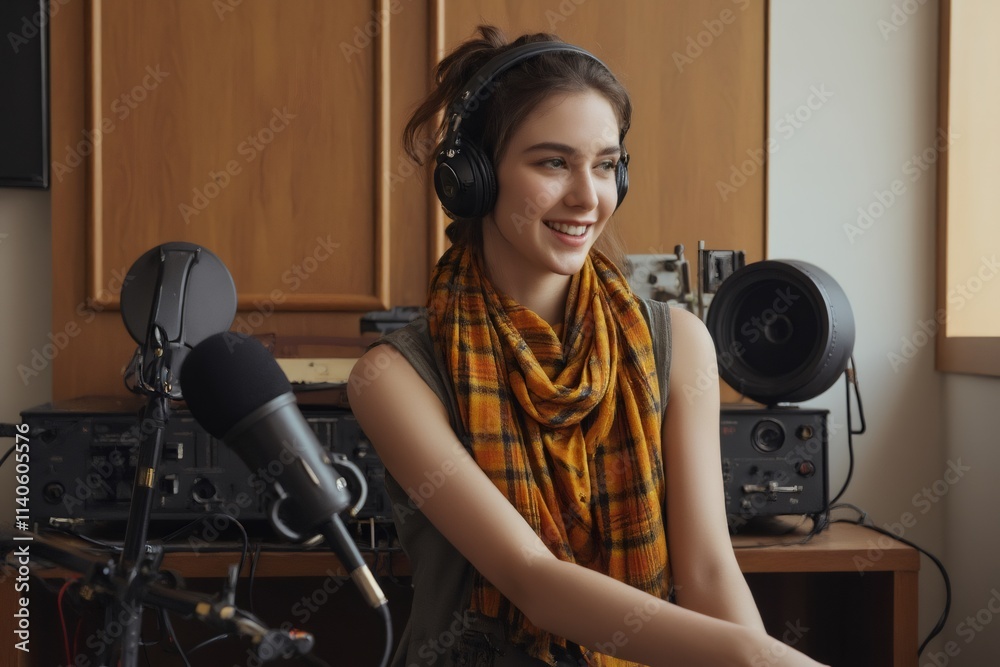 Female podcaster making audio podcast from her home studio Female podcaster making audio podcast from her home studio