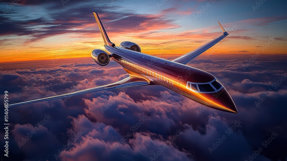 Obraz premium Sleek Commercial Plane Soaring Through Vibrant Evening Skies Above the Clouds Aerial View Travel Concept