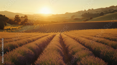 Serene sunset over rolling hills and lavender fields peaceful golden hour landscape