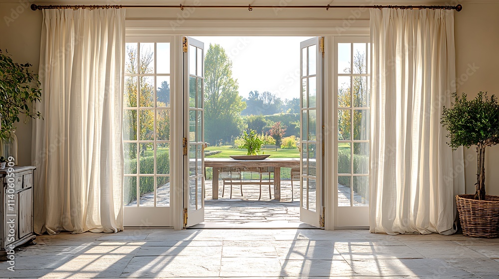 Fototapeta premium Double French doors with ornate brass handles, leading to a sunlit dining area with a rustic stone floor, a long dining table, and soft white drapes framing the space. Elegant, warm,