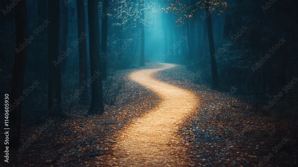 Naklejka premium Winding path through autumn forest nature scene tranquil environment serene viewpoint