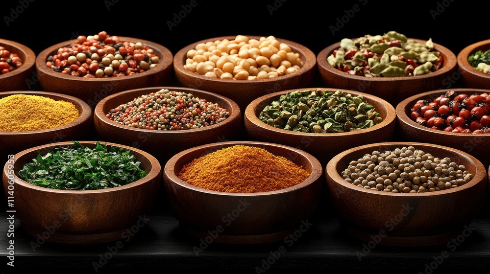 Wooden bowls filled with various colorful spices and herbs.