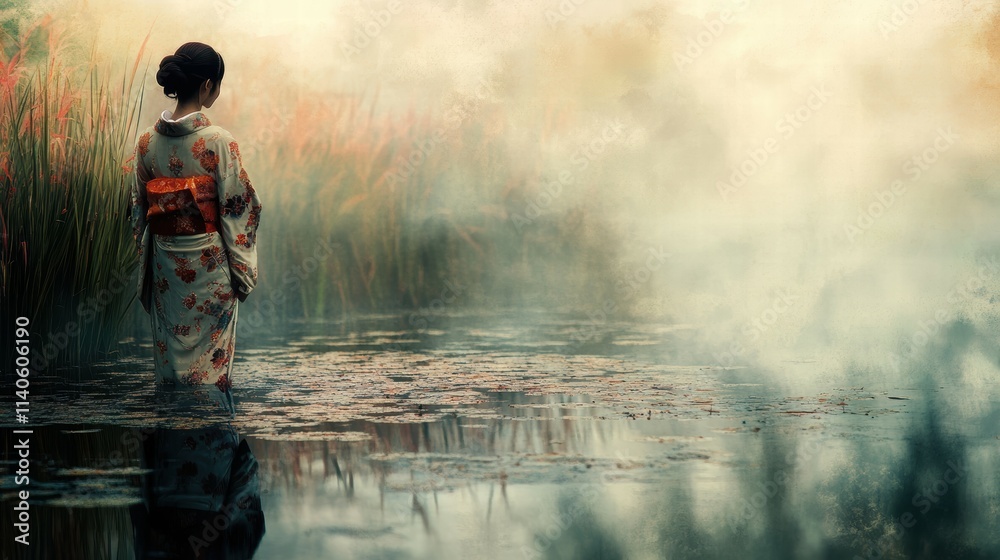 Fototapeta premium Woman in traditional kimono by tranquil pond soft bokeh nature scene serene environment