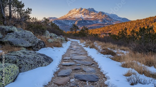 Scenic mountain landscape with blue lake and grassy path under bright sky