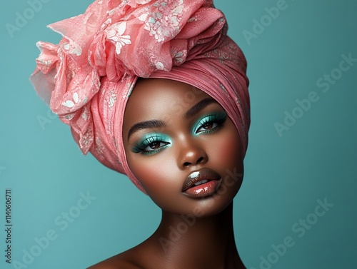 Portrait of a woman with dark skin and brown eyes wearing turquoise eye shadow and a pink head wrap.