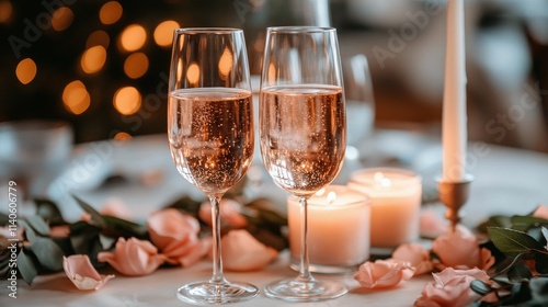 Elegant celebration with sparkling drinks and candles at a romantic table set...
