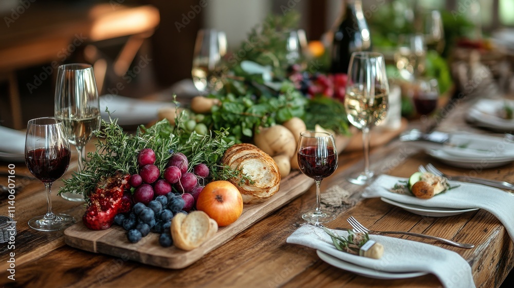 Naklejka premium Elegant dining table set with fresh fruits and fine wines in a cozy setting