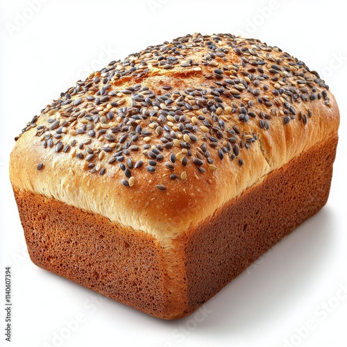 Freshly baked loaf of bread with sesame and poppy seeds on top in a warm gold...