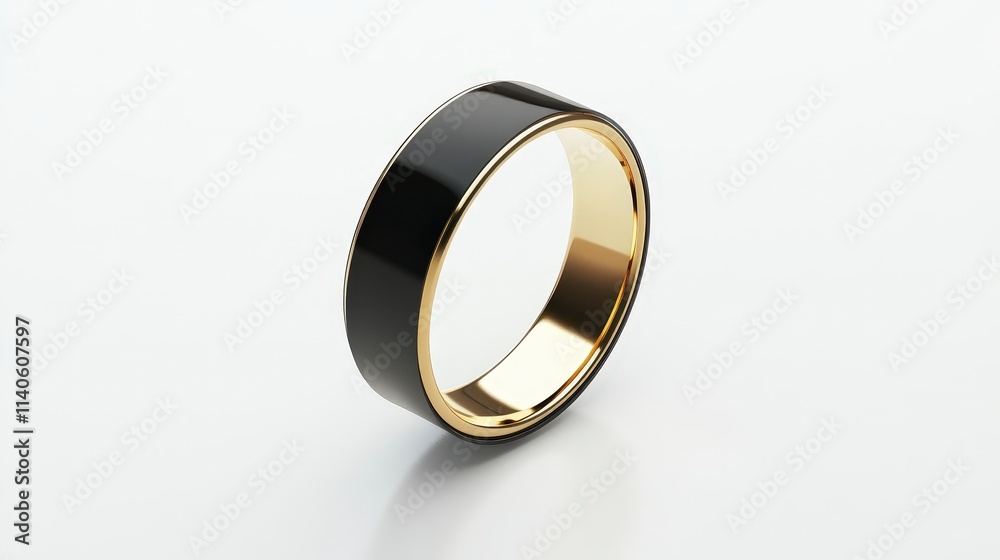 Elegant black and gold ring on minimalist white background Elegant black and gold ring on minimalist white background