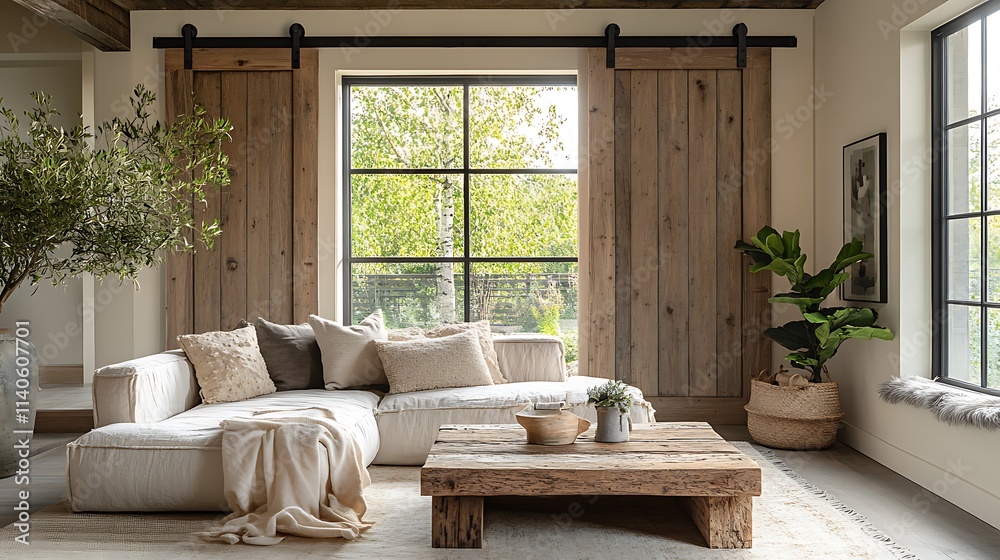 Obraz premium Sliding barn doors crafted from light-washed wood, leading to a cozy living space with a soft beige sectional, a wooden coffee table, and large windows letting in golden sunlight. Bright, natural,
