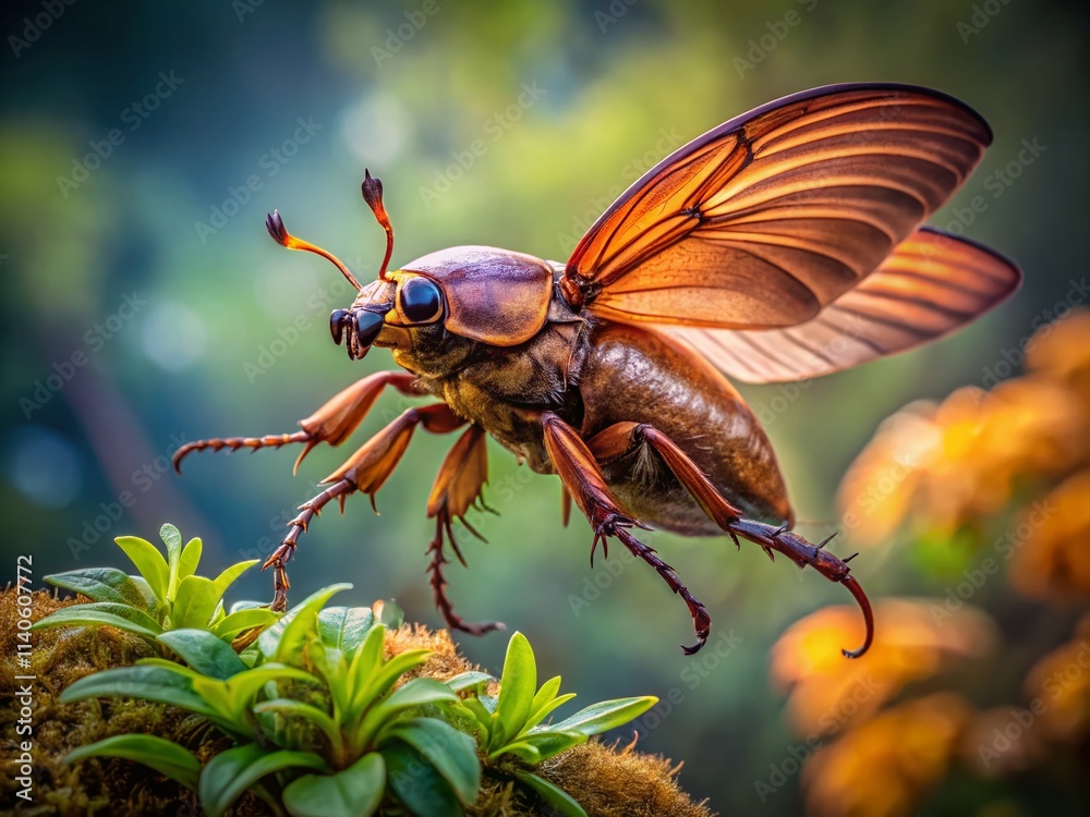 Fototapeta premium Panoramic Brown Beetle Flight Aerial Photography, Flying Insect Panorama, High-Resolution Beetle Image, Nature Photography