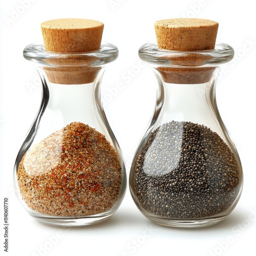 Unique glass containers for spices filled with colorful seasonings and herbs